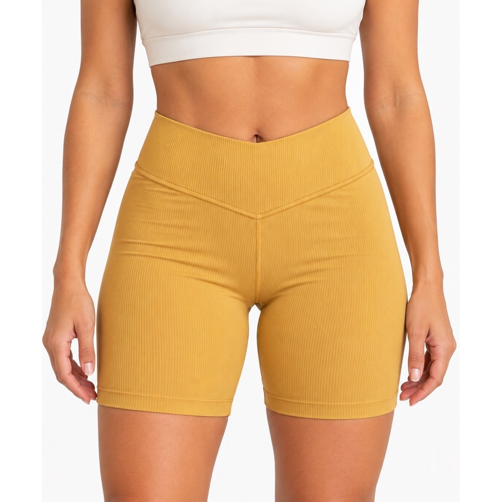 P'tula Biker Shorts Size 4 Mustard Gold Ribbed High Rise V Waist Activewear EUC